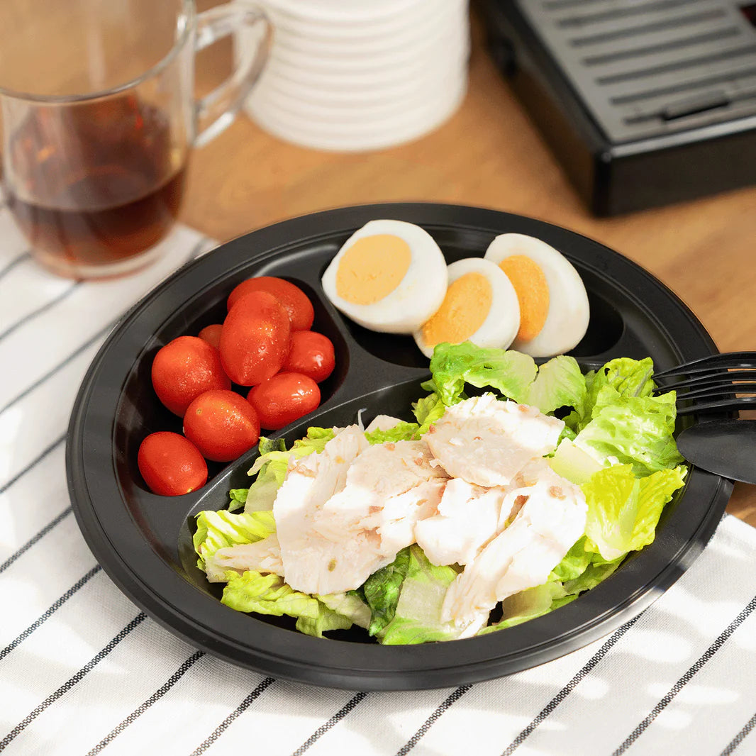 9" Mineral Filled PP Round Plate, Black, 3 Compartments