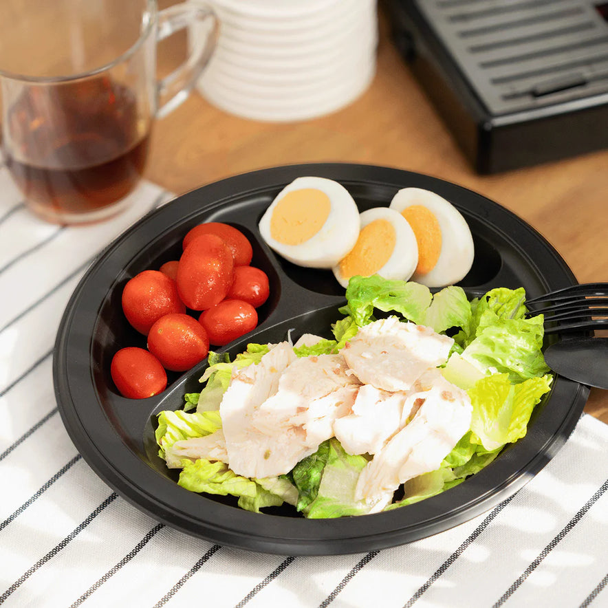 9" Mineral Filled PP Round Plate, Black, 3 Compartments