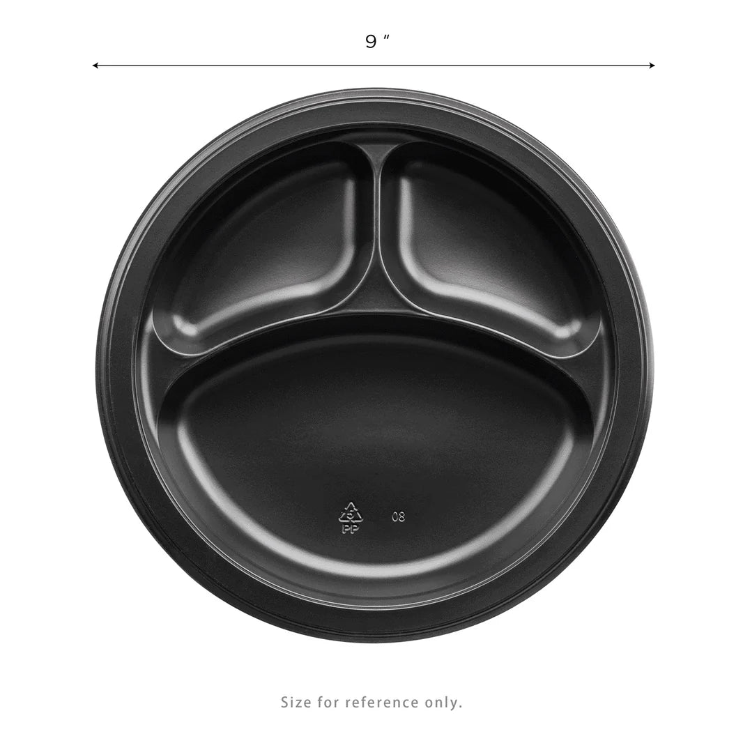 9" Mineral Filled PP Round Plate, Black, 3 Compartments