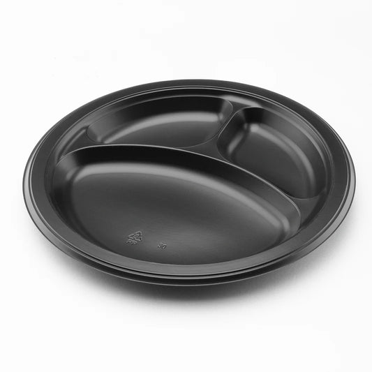 9" Mineral Filled PP Round Plate, Black, 3 Compartments
