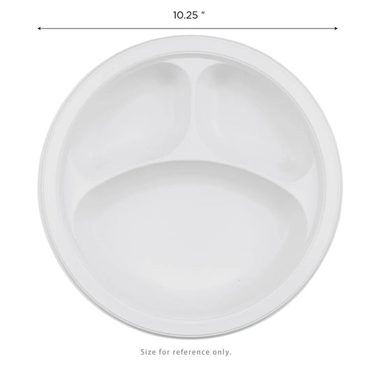 10.25" Mineral Filled PP Round Plate, White, 3 Compartments