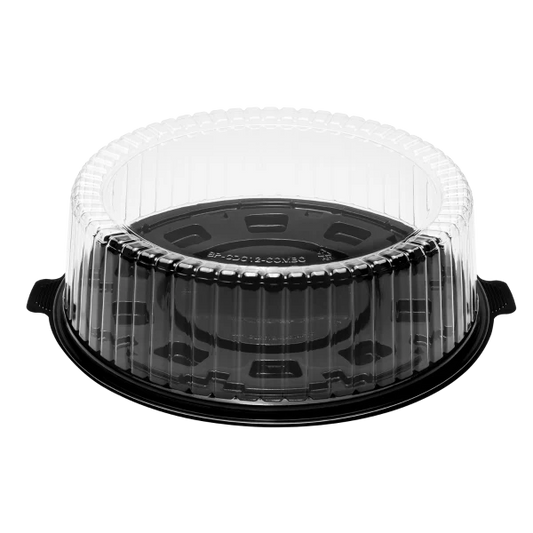 12" PET Black Single Layer Cake Display Container with PET Clear Dome Lid