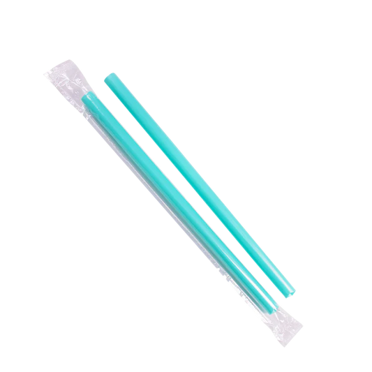 9" Diagonal Cut Boba Straws Poly Wrapped, Aqua