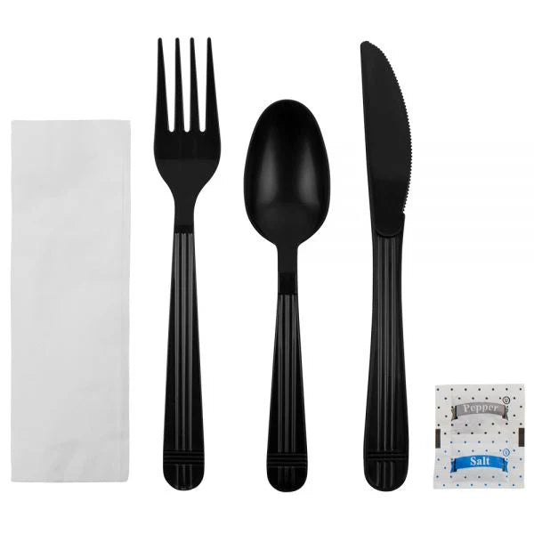 PP Plastic Heavy Weight Cutlery Kits with Salt and Pepper - Black