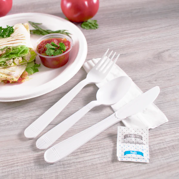PP Plastic Heavy Weight Cutlery Kits with Salt and Pepper, White