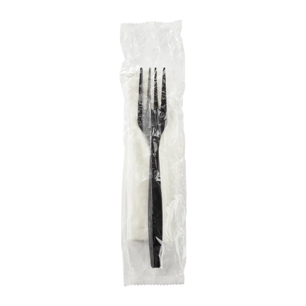PP Plastic Heavy-Weight Cutlery Kits (Fork, 1-ply Napkin), Black