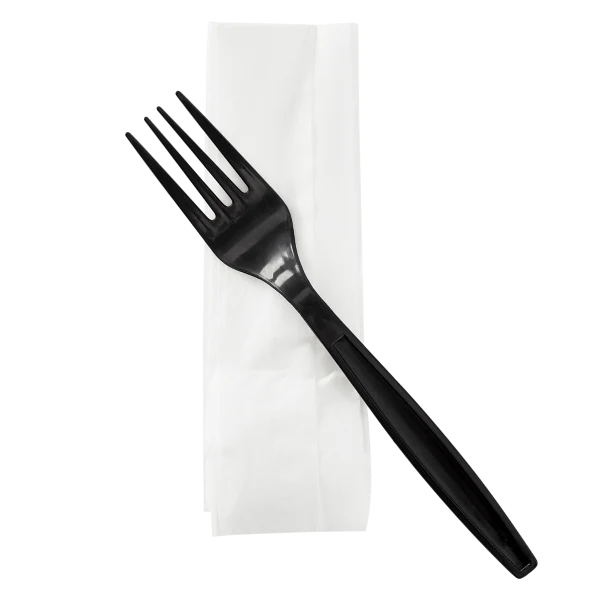 PP Plastic Heavy-Weight Cutlery Kits (Fork, 1-ply Napkin), Black
