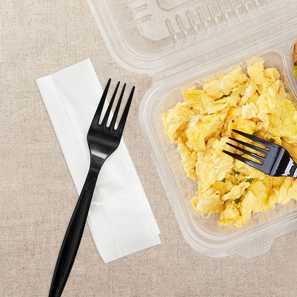 PP Plastic Heavy-Weight Cutlery Kits (Fork, 1-ply Napkin), Black
