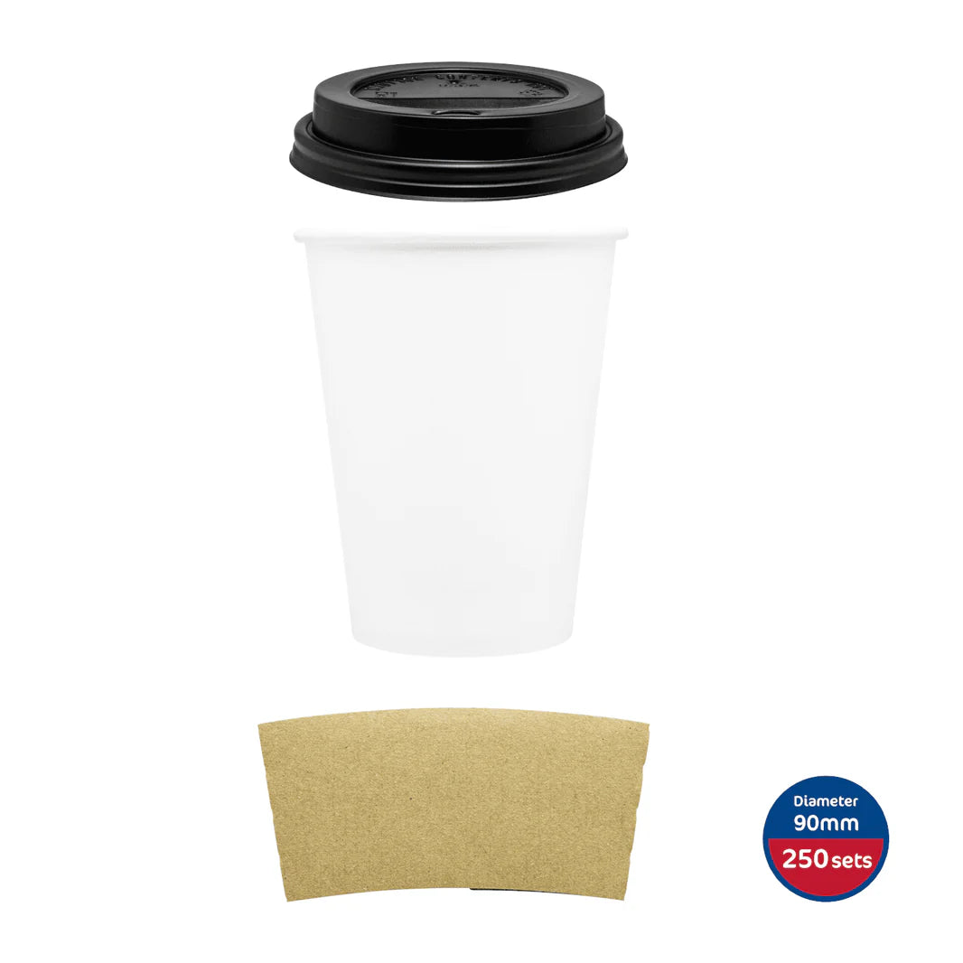 16oz White Paper Hot Cup With Black PP Sipper Lid and Cup Jacket