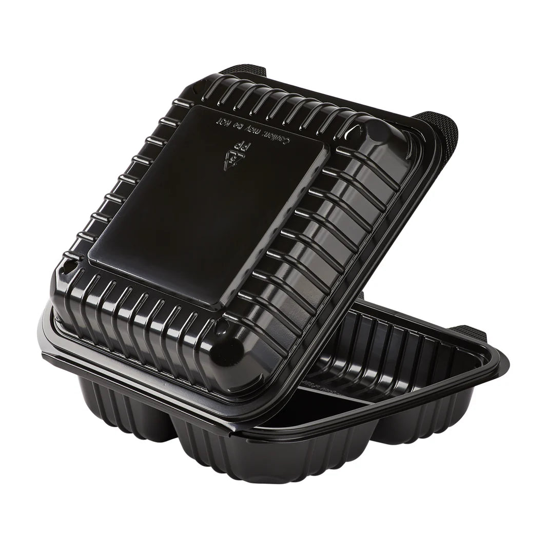 8'' x 8" Black PP Plastic Hinged Container, 3 compartments