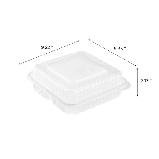 9" x 9" PP Plastic Hinged Containers, 3 Compartment