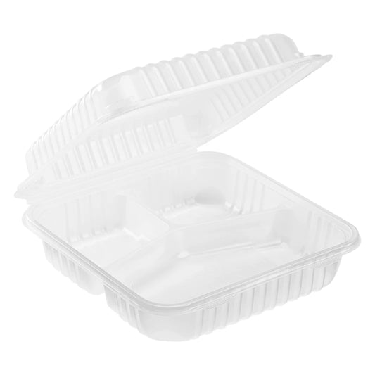 9" x 9" PP Plastic Hinged Containers, 3 Compartment