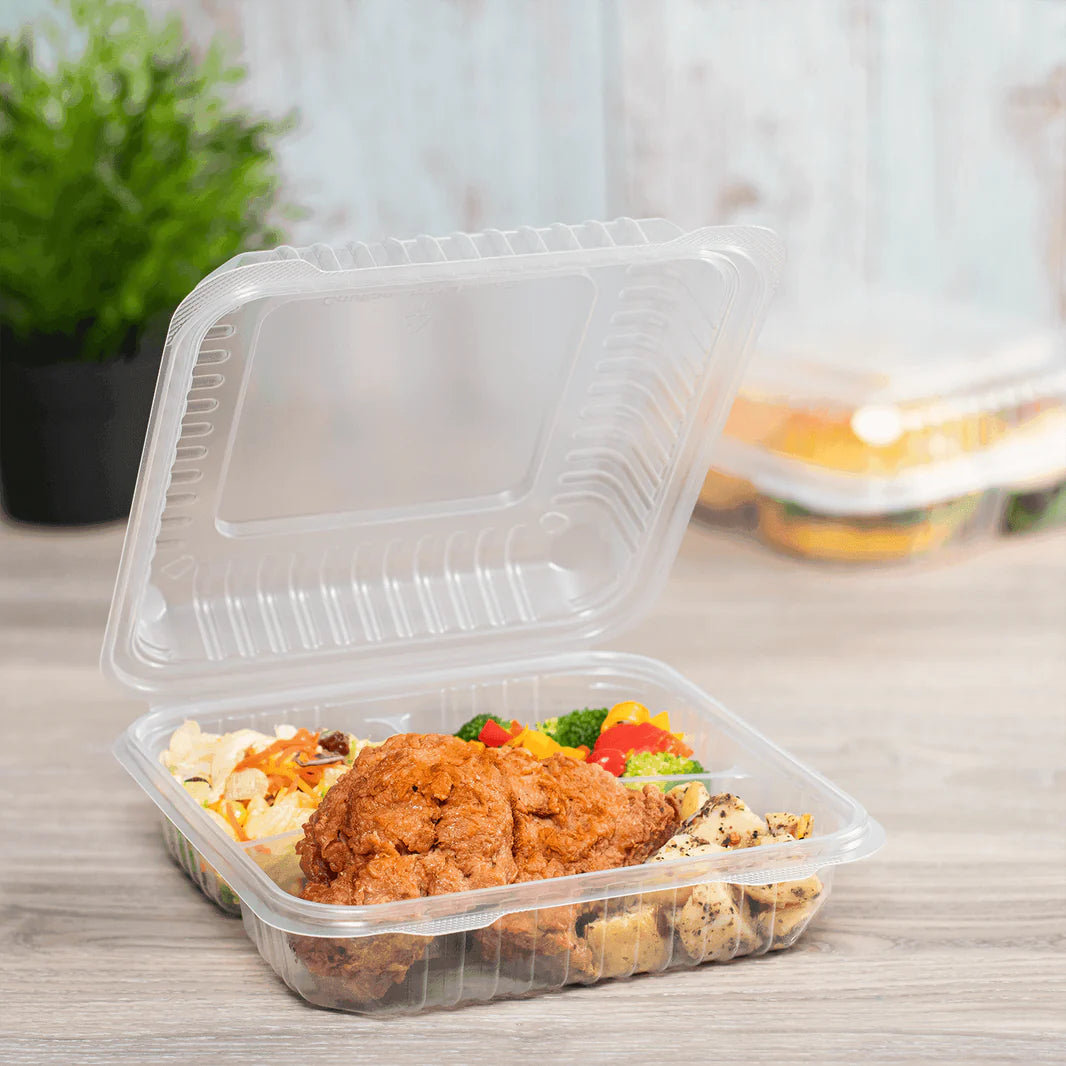 9" x 9" PP Plastic Hinged Containers, 3 Compartment