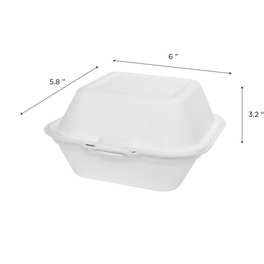 6''x6'' PFAS Free Compostable Bagasse Hinged Containers, White