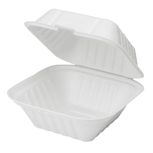 6''x6'' PFAS Free Compostable Bagasse Hinged Containers, White