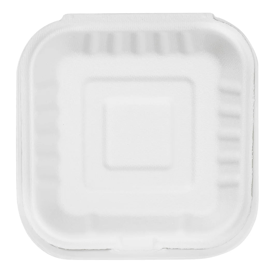 6''x6'' PFAS Free Compostable Bagasse Hinged Containers, White