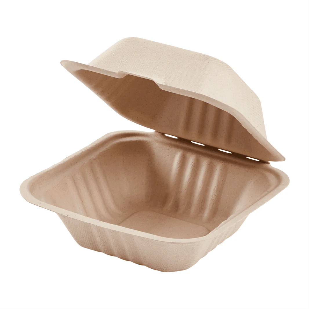 6''x6'' PFAS Free Compostable Bagasse Hinged Containers, Natural