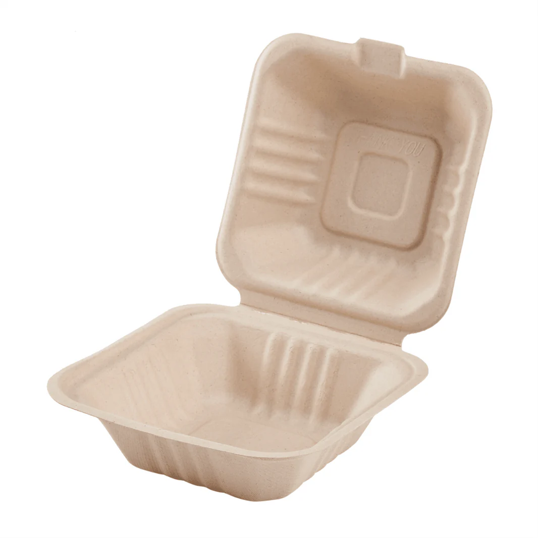 6''x6'' PFAS Free Compostable Bagasse Hinged Containers, Natural