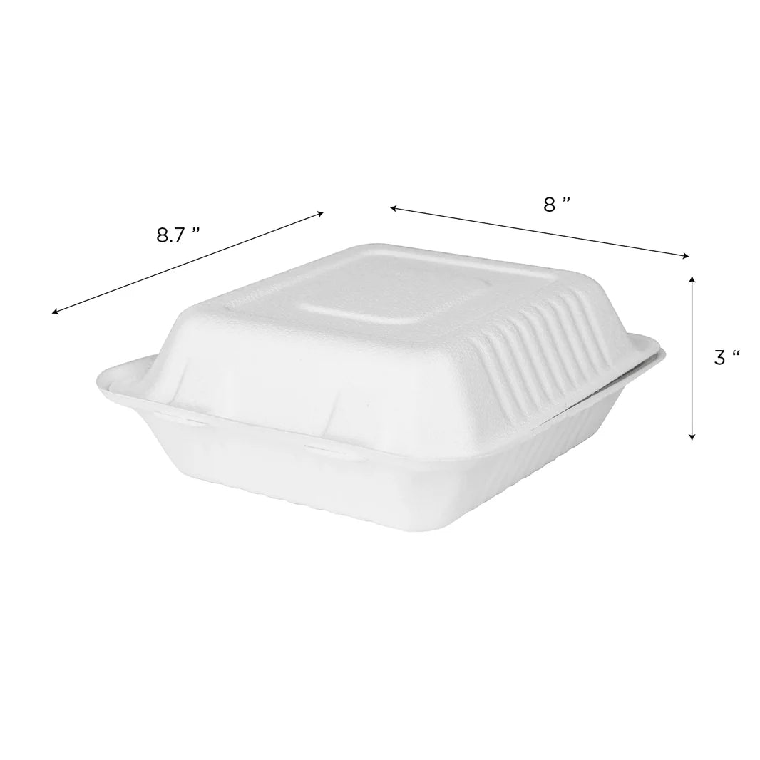 8''x8'' PFAS Free Compostable Bagasse Hinged Containers, White