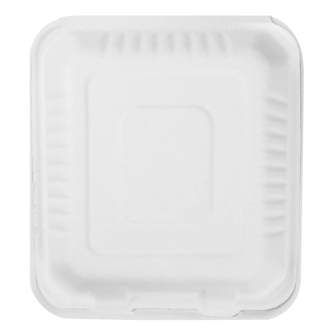 8''x8'' PFAS Free Compostable Bagasse Hinged Containers, White