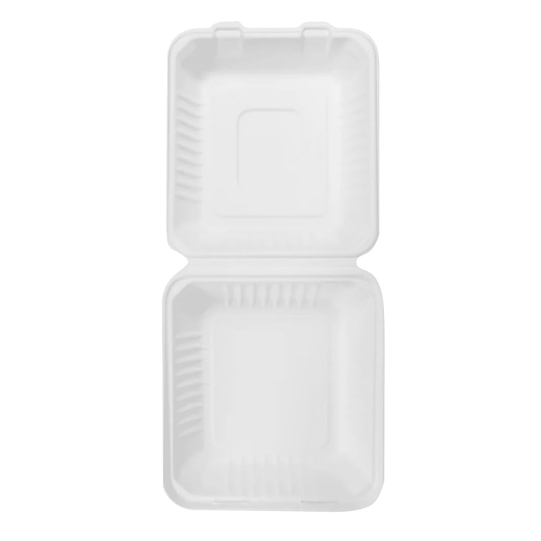 8''x8'' PFAS Free Compostable Bagasse Hinged Containers, White