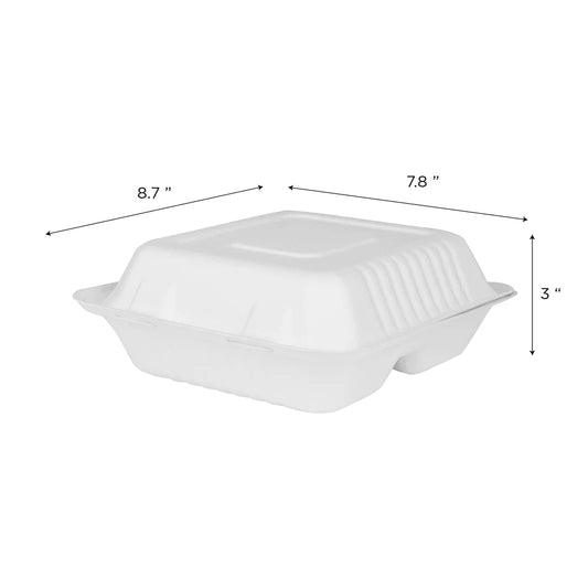 8''x8'' PFAS Free Compostable Bagasse Hinged Containers, White, 3 Compartments