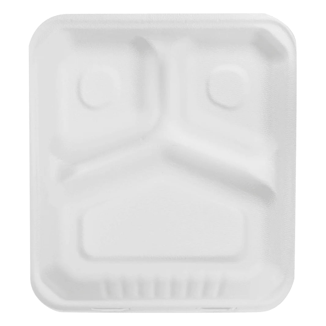 8''x8'' PFAS Free Compostable Bagasse Hinged Containers, White, 3 Compartments