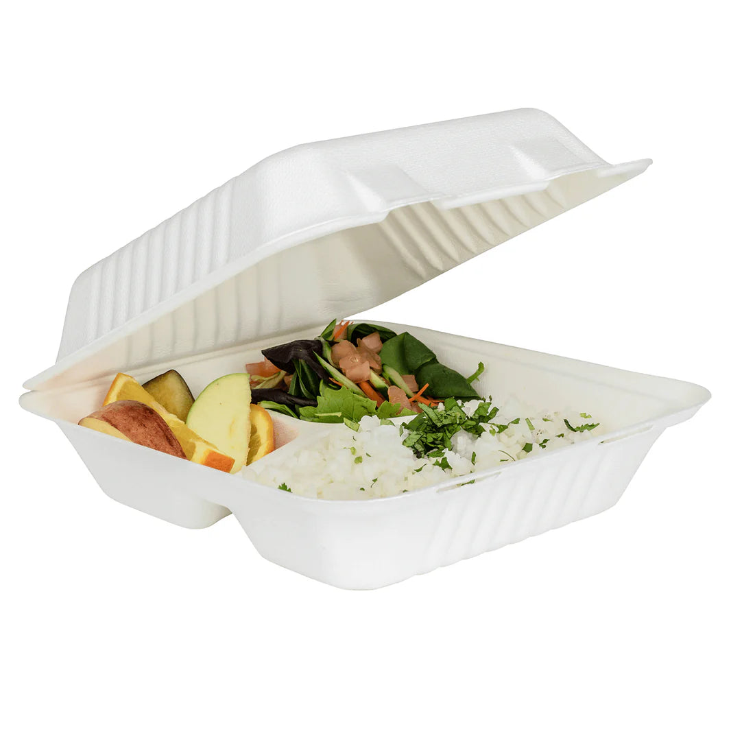 8''x8'' PFAS Free Compostable Bagasse Hinged Containers, White, 3 Compartments