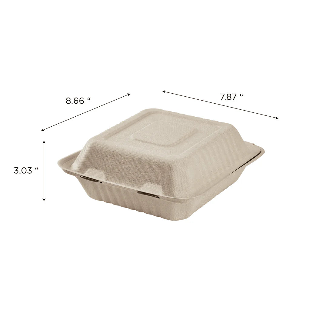 8''x8'' PFAS Free Compostable Bagasse Hinged Containers, Natural