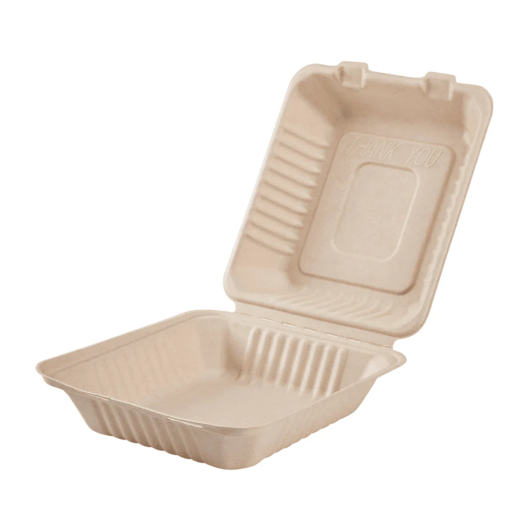 8''x8'' PFAS Free Compostable Bagasse Hinged Containers, Natural