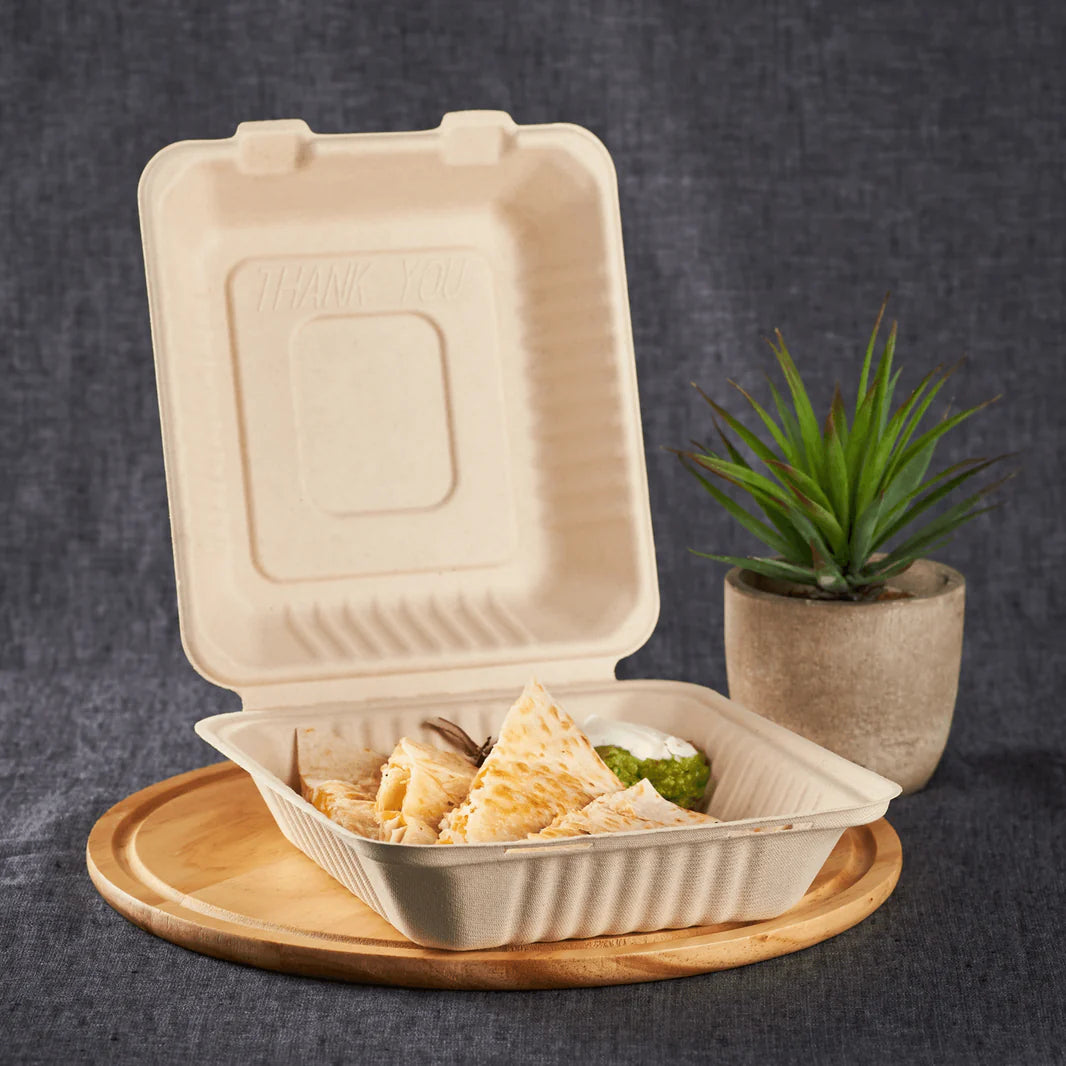 8''x8'' PFAS Free Compostable Bagasse Hinged Containers, Natural