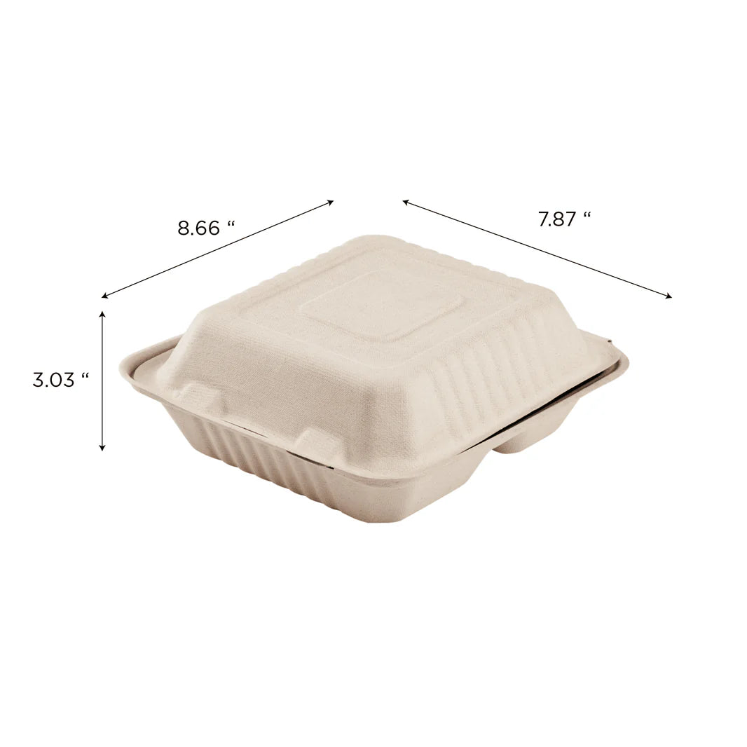 8''x8'' PFAS Free Compostable Bagasse Hinged Containers, Natural, 3 Compartments