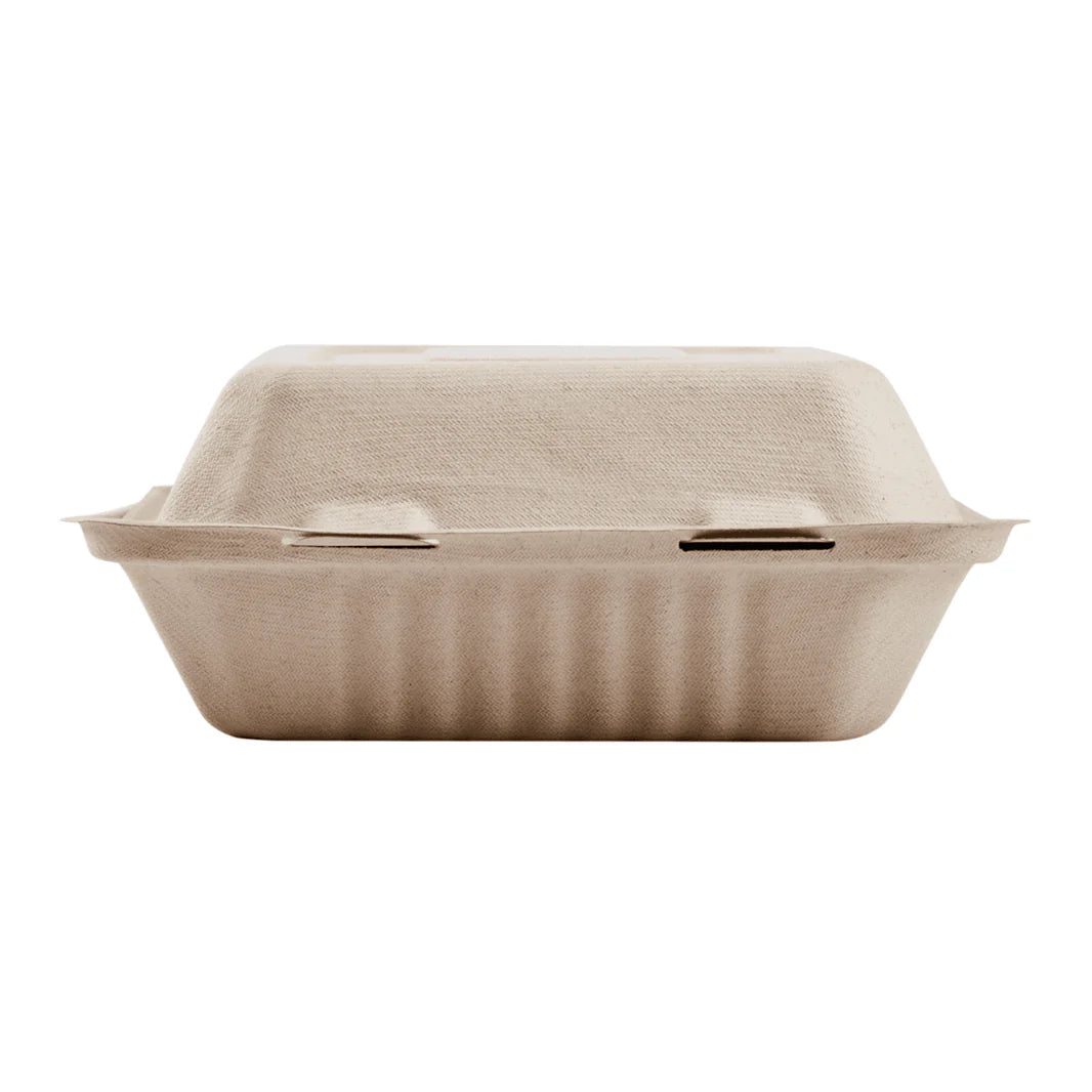 8''x8'' PFAS Free Compostable Bagasse Hinged Containers, Natural, 3 Compartments