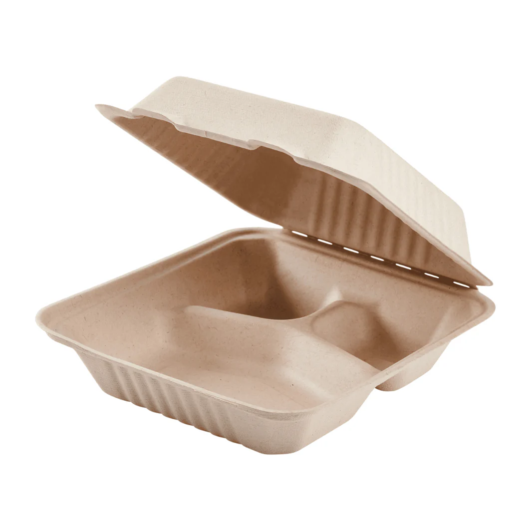 8''x8'' PFAS Free Compostable Bagasse Hinged Containers, Natural, 3 Compartments