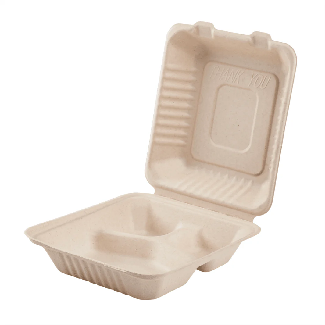 8''x8'' PFAS Free Compostable Bagasse Hinged Containers, Natural, 3 Compartments