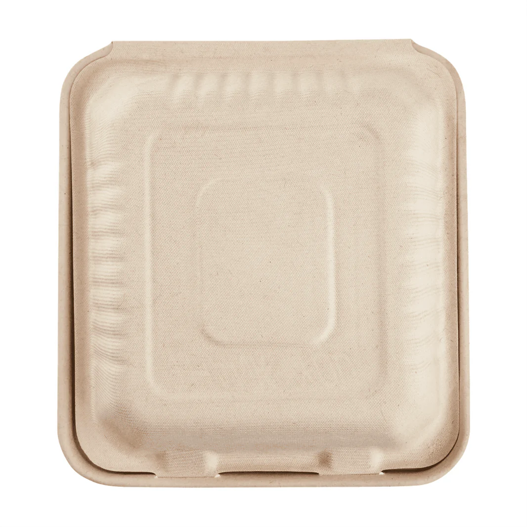 8''x8'' PFAS Free Compostable Bagasse Hinged Containers, Natural, 3 Compartments