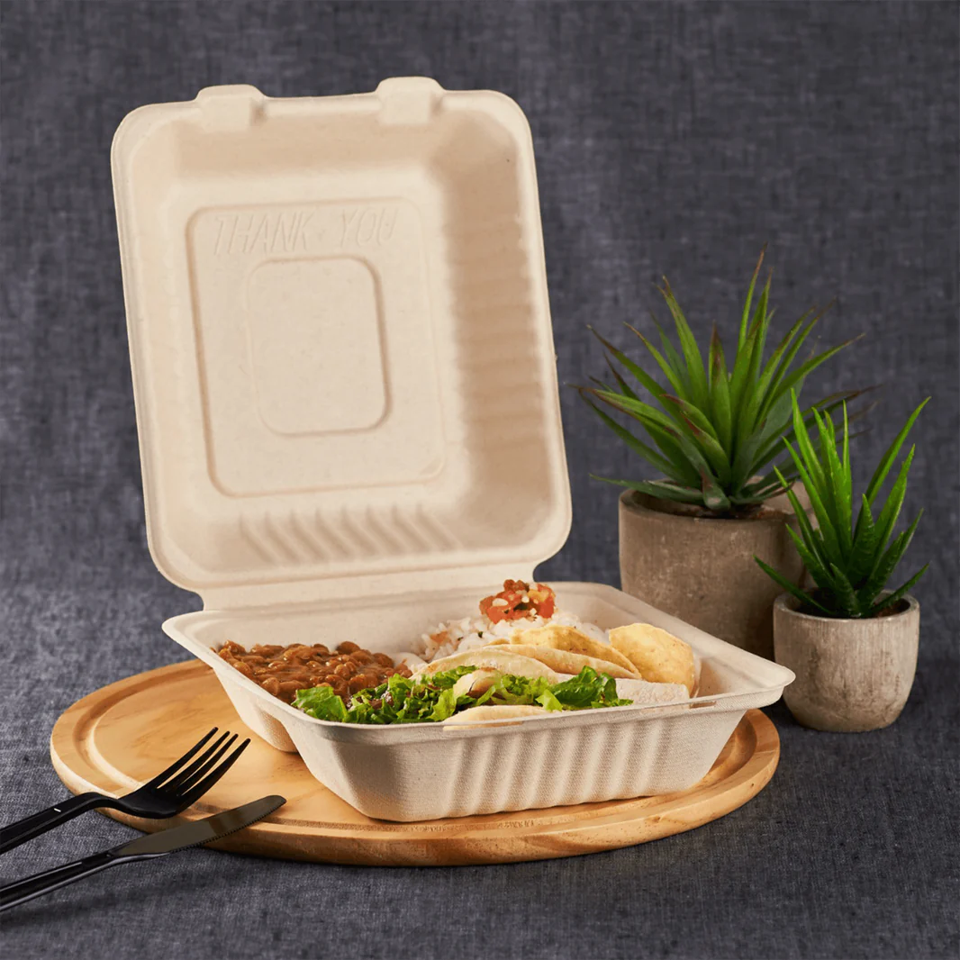 8''x8'' PFAS Free Compostable Bagasse Hinged Containers, Natural, 3 Compartments