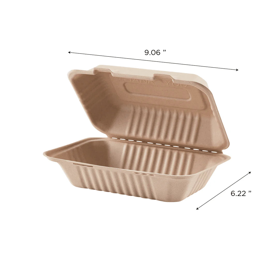 9''x6'' PFAS Free Compostable Bagasse Hinged Containers, Natural