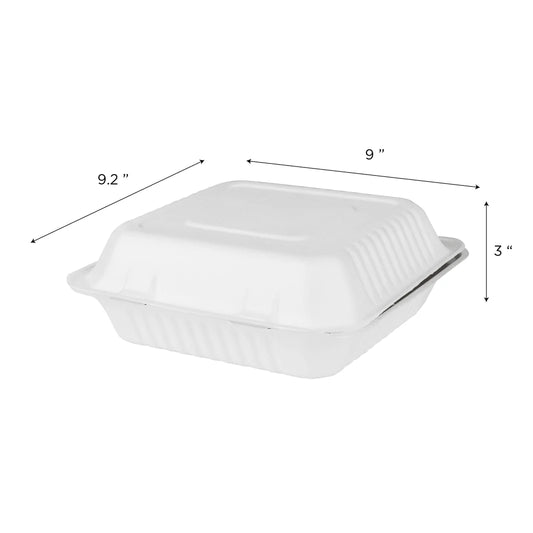 9'' x 9'' PFAS Free Compostable Bagasse Hinged Containers, White