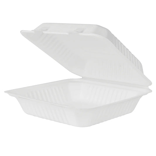 9'' x 9'' PFAS Free Compostable Bagasse Hinged Containers, White