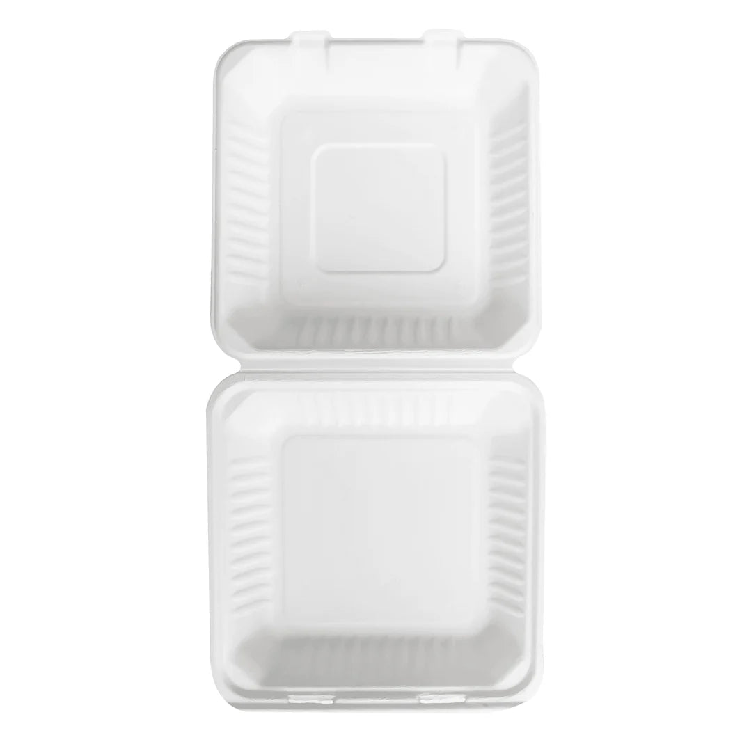 9'' x 9'' PFAS Free Compostable Bagasse Hinged Containers, White