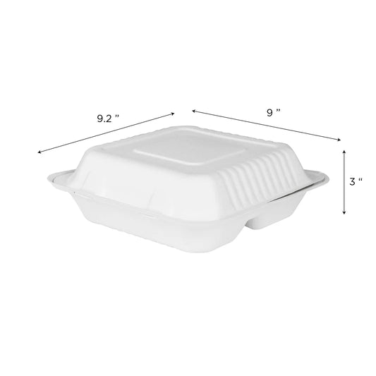 9"x9" PFAS Free Compostable Bagasse Hinged Container, White, 3 Compartments