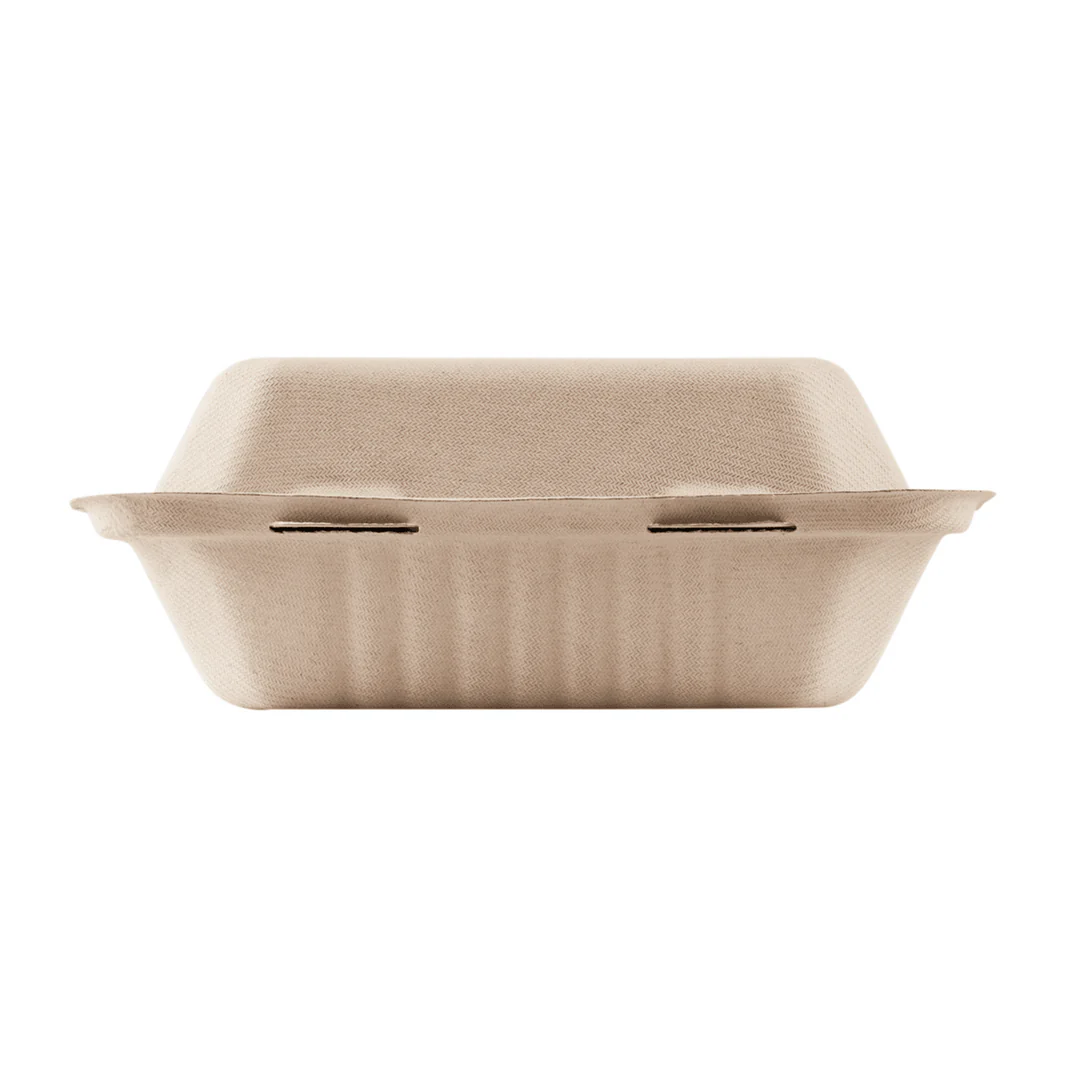 9'' x 9'' PFAS Free Compostable Bagasse Hinged Containers, Natural