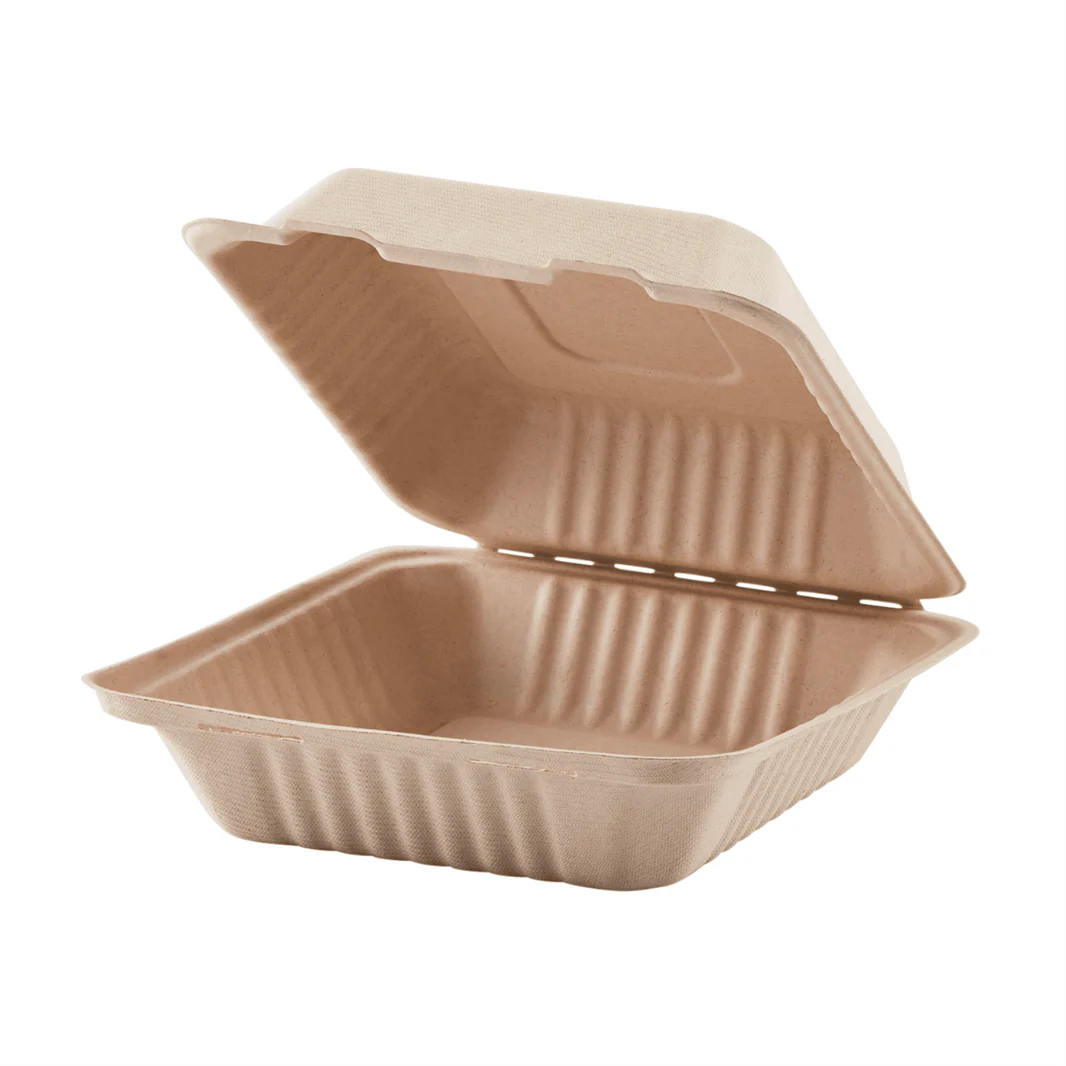 9'' x 9'' PFAS Free Compostable Bagasse Hinged Containers, Natural