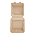 9" x 9" PFAS Free Compostable Bagasse Hinged Containers, Natural