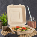 9" x 9" PFAS Free Compostable Bagasse Hinged Containers, Natural