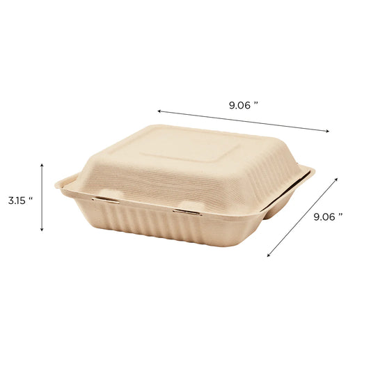 9''x9'' PFAS Free Compostable Bagasse Hinged Containers, Natural, 3 Compartments