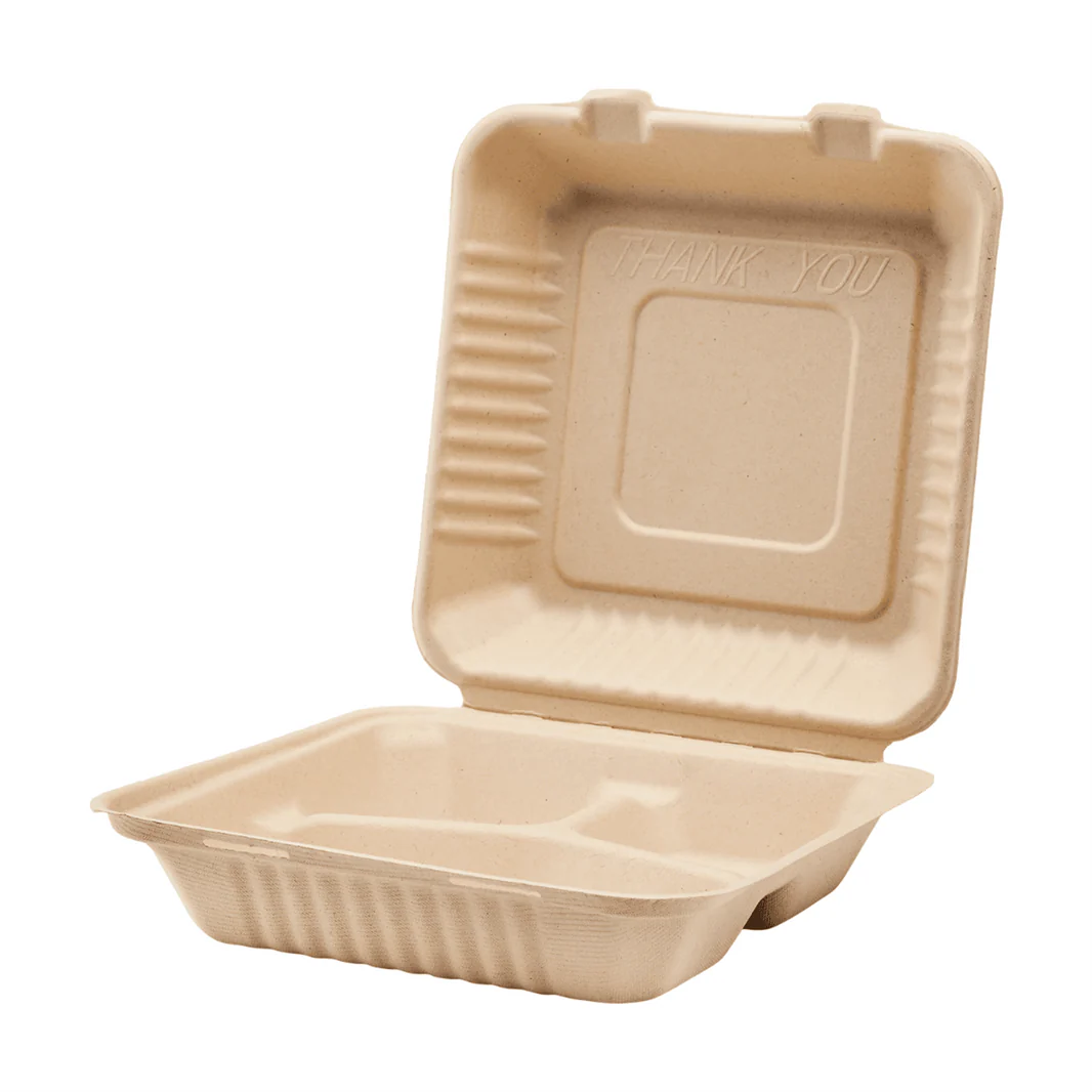 9''x9'' PFAS Free Compostable Bagasse Hinged Containers, Natural, 3 Compartments