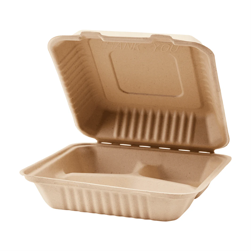 9''x9'' PFAS Free Compostable Bagasse Hinged Containers, Natural, 3 Compartments