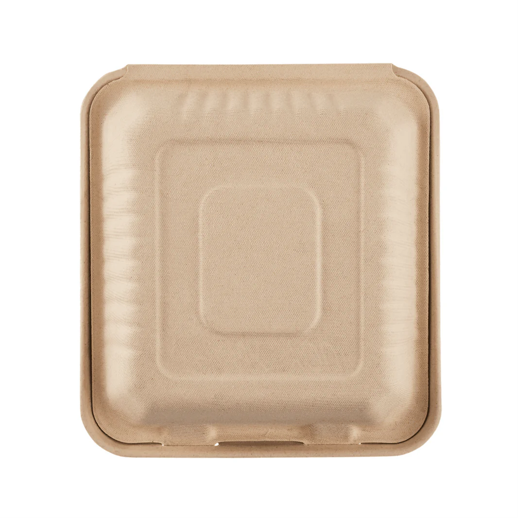 9''x9'' PFAS Free Compostable Bagasse Hinged Containers, Natural, 3 Compartments